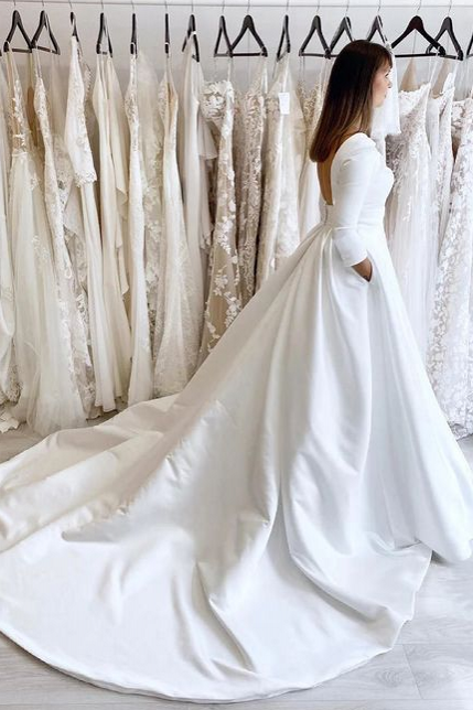 Satin Ball Gown Wedding Dress Backless With Pockets