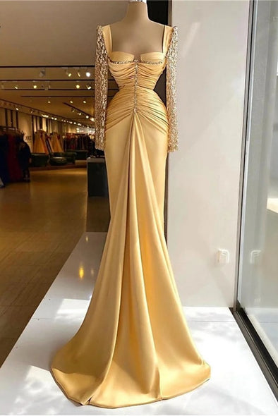 Gold Square Collar Evening Gown Full Sleeves