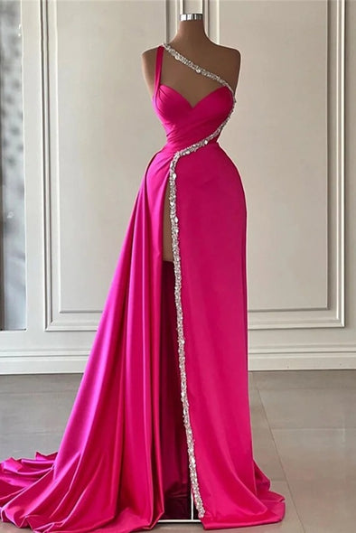 Fuchsia Mermaid Chic Woman Evening Dress Gown Glitter Side Split