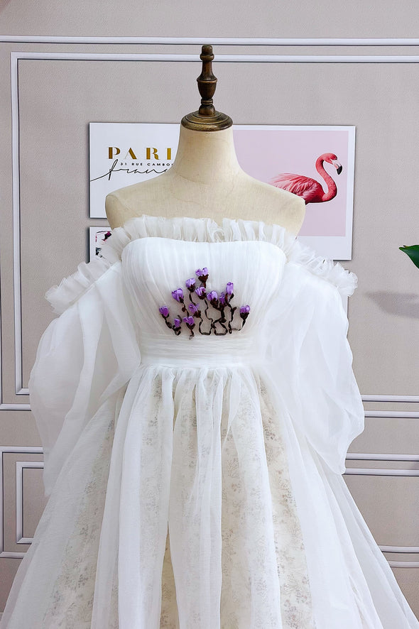 Embroidery Flowers Dramatic Puff Sleeves Fairytales Wedding Dresses ZW130