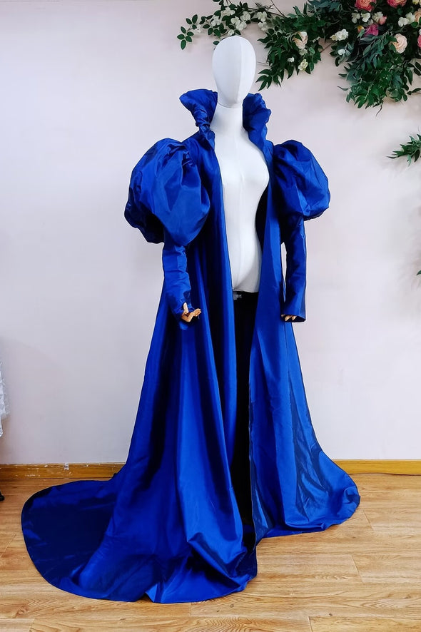 Royal Blue Taffeta Long Lady Evening Party Cape Cloak Outfit