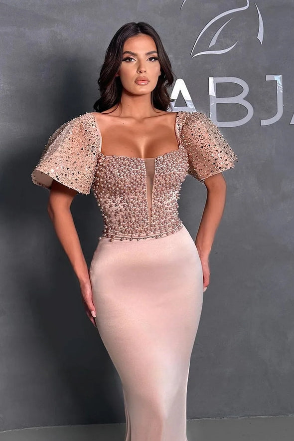 Amazing Pearls Mermaid Prom Dresses Beaded Sheer Plunging Neckline