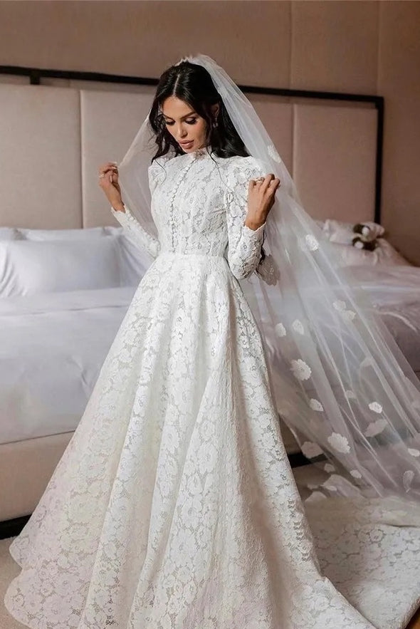 Romantic Lace Wedding Dress High Neck Long Sleeves Muslim Gown
