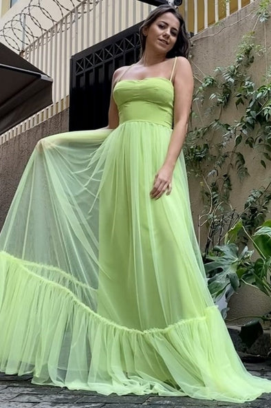A Line Strapless Spaghetti Strap Tulle Sage Green Prom Dress