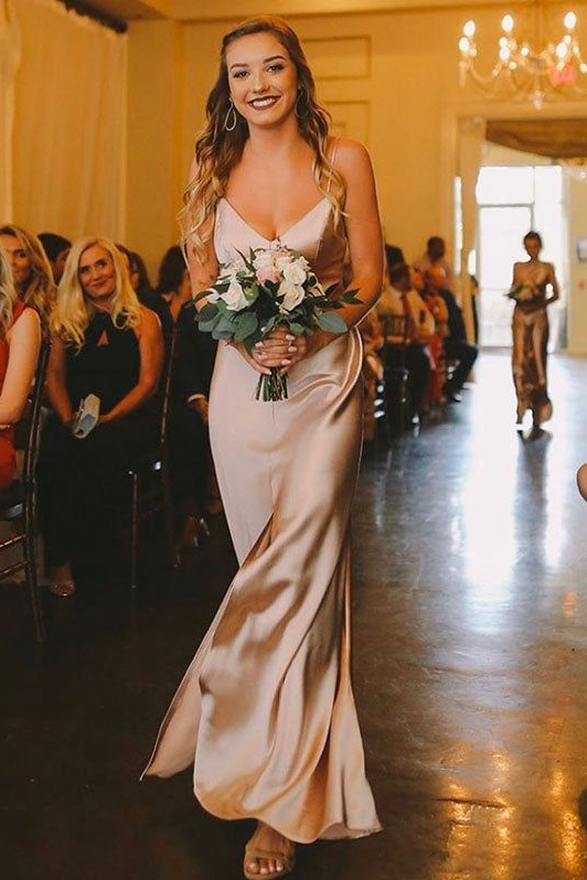 Champagne Long Simple Bridesmaid Dress Side Split Champagne Long Simple Bridesmaid Dress Side Split