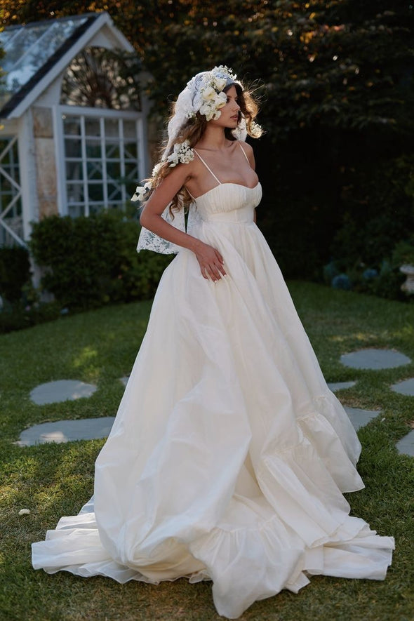 #DZ9356 Vintage Taffeta A Line Long Ruffles Wedding Dress