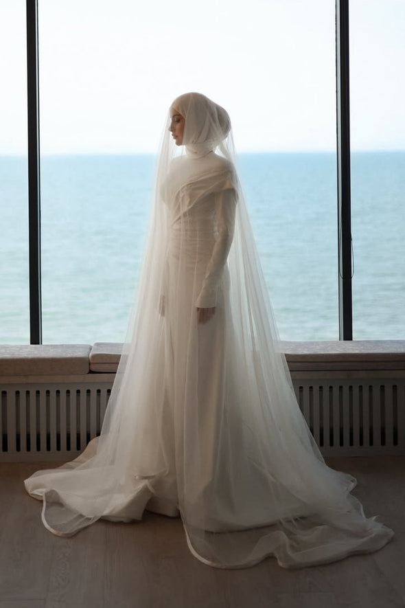 Elegant Long Hijab Wedding Dress With Beads