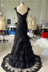 #LY9201 High Split Lace Cap Sleeves Long Evening Prom Dress