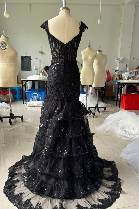 #LY9201 High Split Lace Cap Sleeves Long Evening Prom Dress