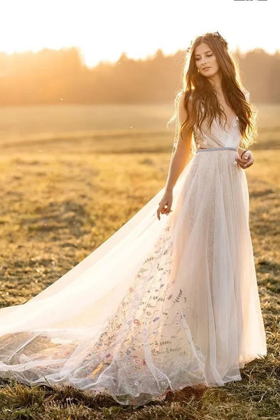 #DZ9363 Boho Embroidery Lace Wedding Dresses For Bride