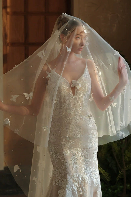 Off White 3 Meters Pearls Long Wedding Veil With Butterfly