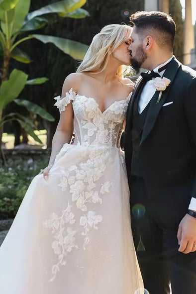 #DZ9328 Off Shoulder Shimmer Tulle Wedding Dress