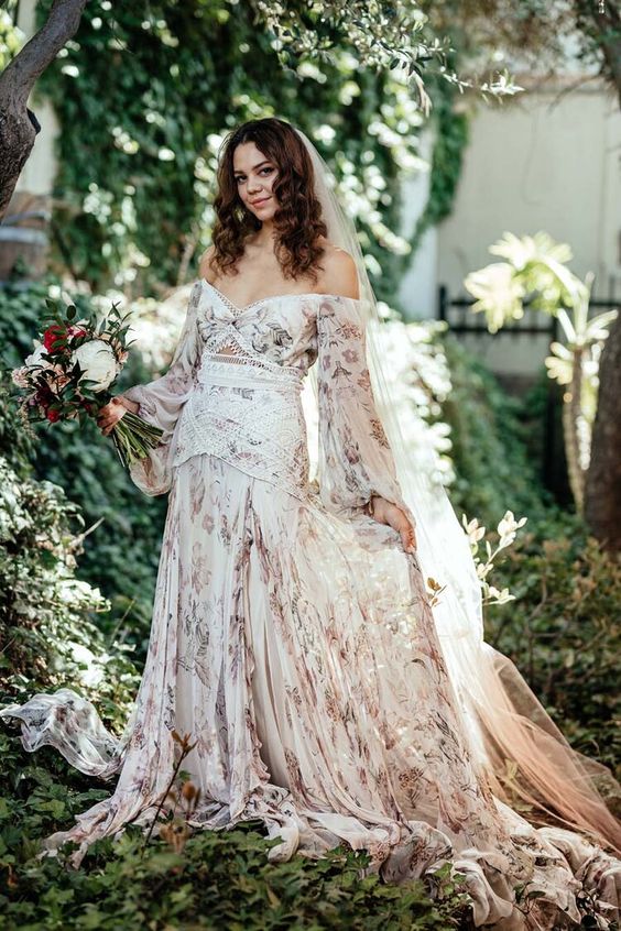 Fairy Bohemian Print Chiffon Long Wedding Dress