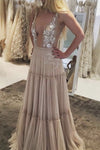 Deep V Sexy Bohemian Long Tulle Nude Wedding Dress