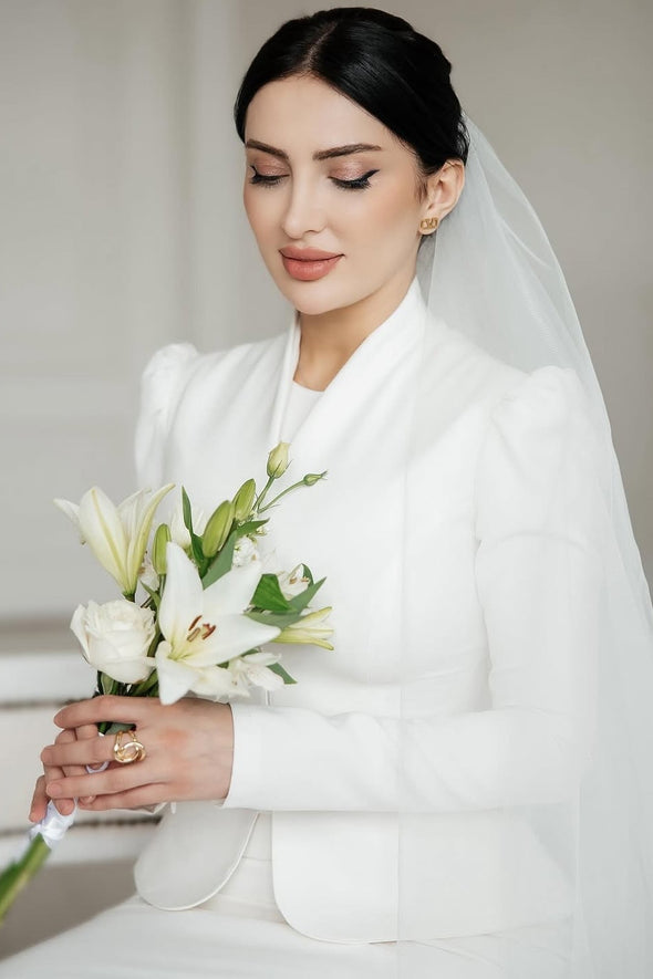 Stand Neck Long Sleeves Wedding Dress Modest Bridal Gown