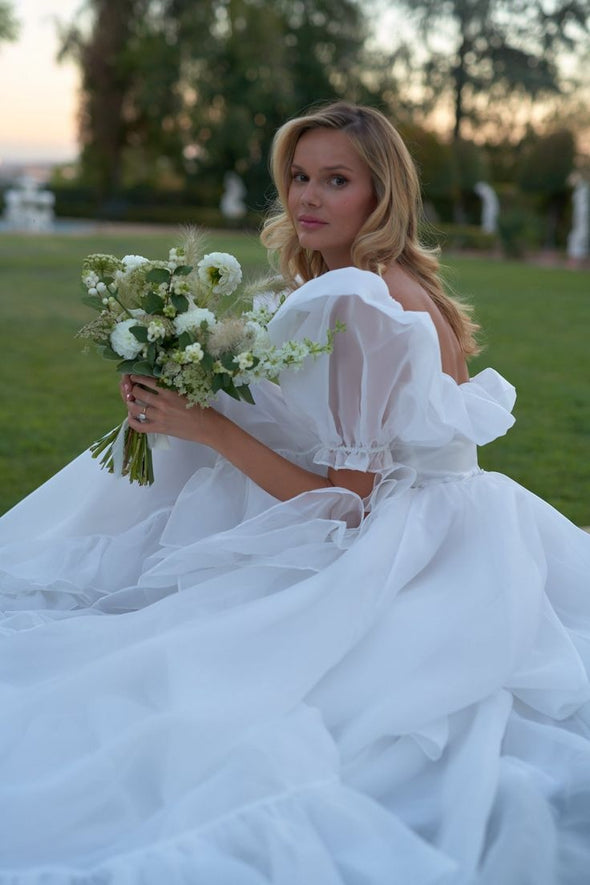 #DZ9357 A Line Short Sleeves Organza Side Split Wedding Dress