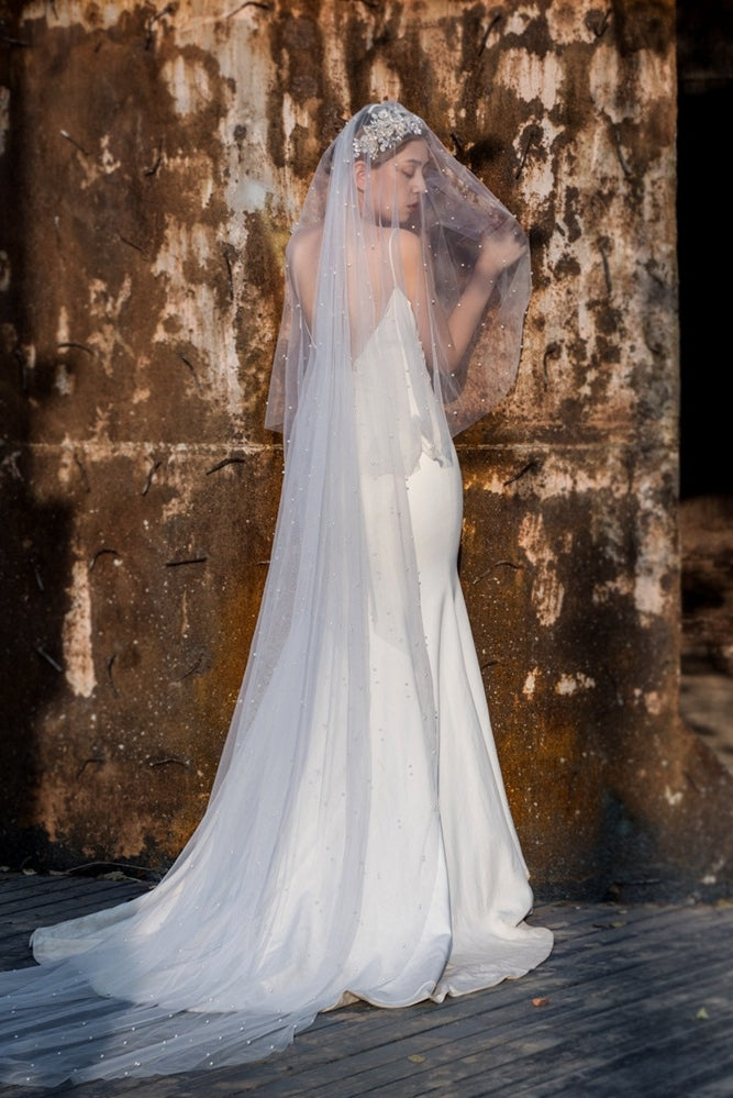 white veil with ivory dress Pearl Wedding Veil Ivory White Short Long Bride Veils V114