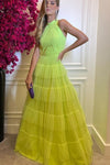 A Line High Neck Sleeveless Tulle Cake Prom Dress