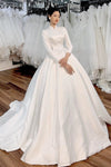 Traditional White Long Sleeves Satin Muslim Wedding Dress With Train