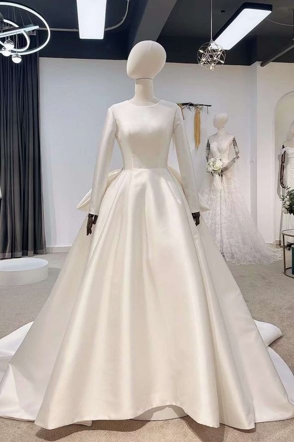 Long Sleeves Satin Wedding Dress With Detachable Swing Train