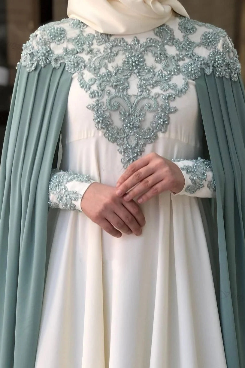 grey hijab wedding dress Luxurious Grey Lace Beaded islamic wedding dresses with Long Sleeves by Abi Ebi Muslim