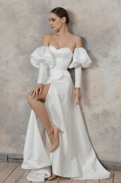 A Line Wedding Dress With Detachable Sleeves Side Split Pearl Veils TANYA BRIDAL A Line Wedding Dress With Detachable Sleeves Side Split Pearl Veils TANYA BRIDAL