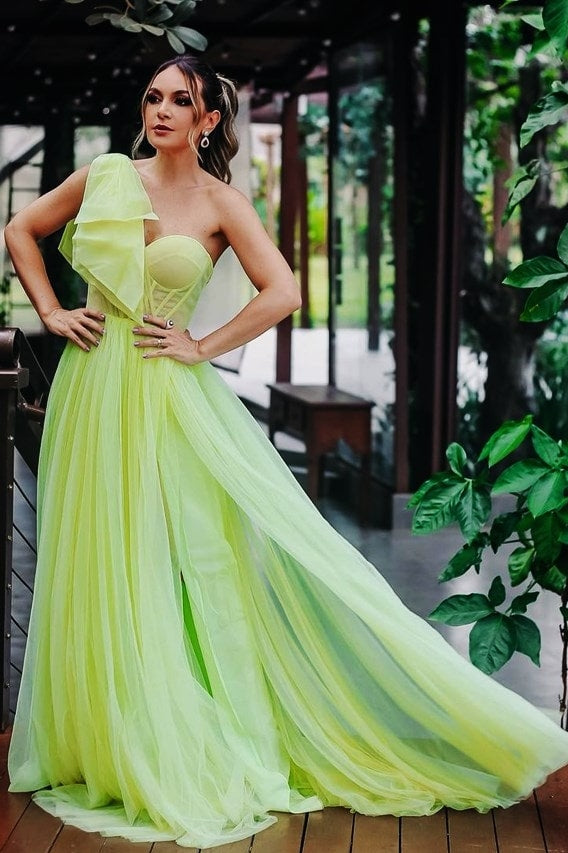 A Line One Shoulder Sweetheart Sleeveless Fluo Green Tulle Prom Dress