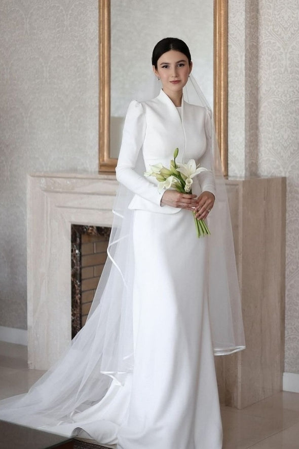 Stand Neck Long Sleeves Wedding Dress Modest Bridal Gown
