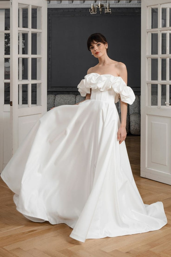 #DZ9346 Off The Shoulder Long A Line Satin Wedding Dress