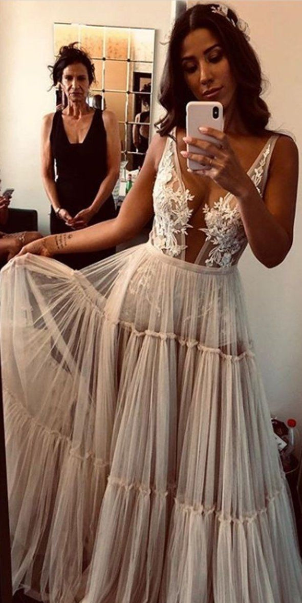 Deep V Sexy Bohemian Long Tulle Nude Wedding Dress