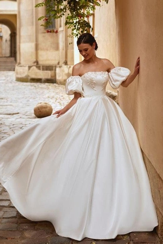 satin wedding dress with embroidery Lace Embroidery V-neck Royal Train Satin Wedding Dresses