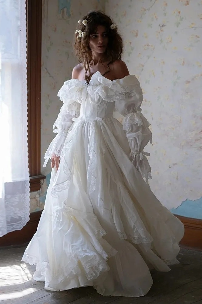 off shoulder ruffle wedding dress Elegant White Ruffle Off-shoulder Curvy Mermaid Bridesmaid Dress, BD32 SposaBridal