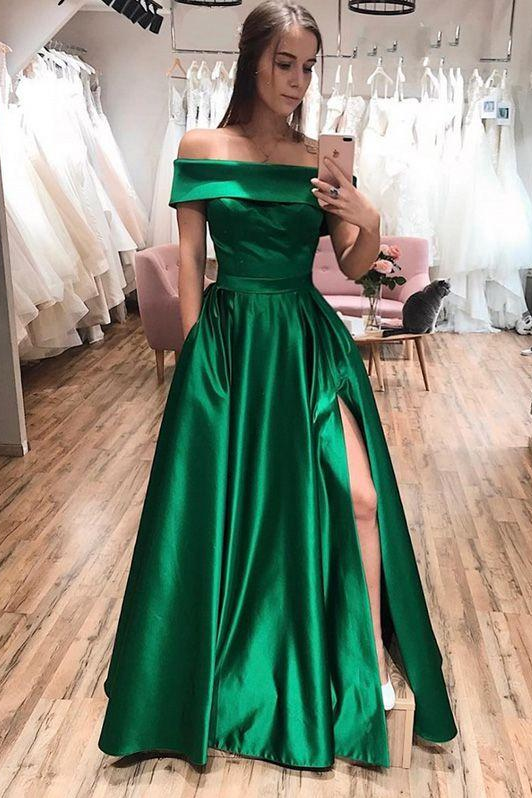 Green Prom Party Gown Luxury Frock Sexy Side Slit Pockets