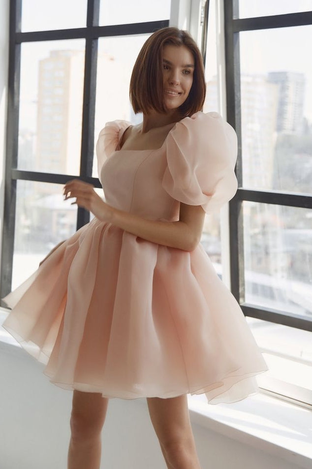 Skin Pink Organza Square Neck Mini Homecoming Dress - Skin Pink Organza Square Neck Mini Homecoming Dress -