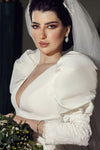 V Neck Long Crew Sleeves Ball Gown Bridal Dress