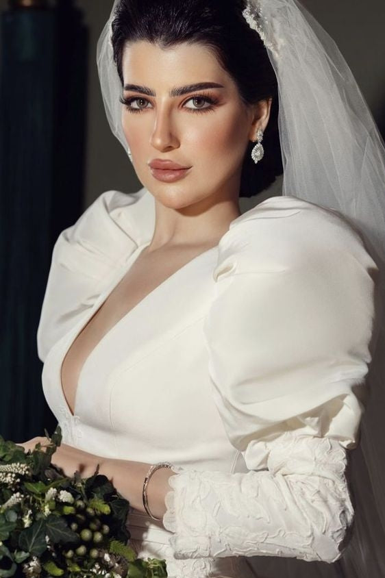 V Neck Long Crew Sleeves Ball Gown Bridal Dress