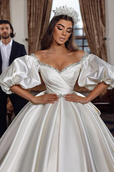 Long Ivory A-line V-neck Jewel Wedding Dress With Long Sleeves