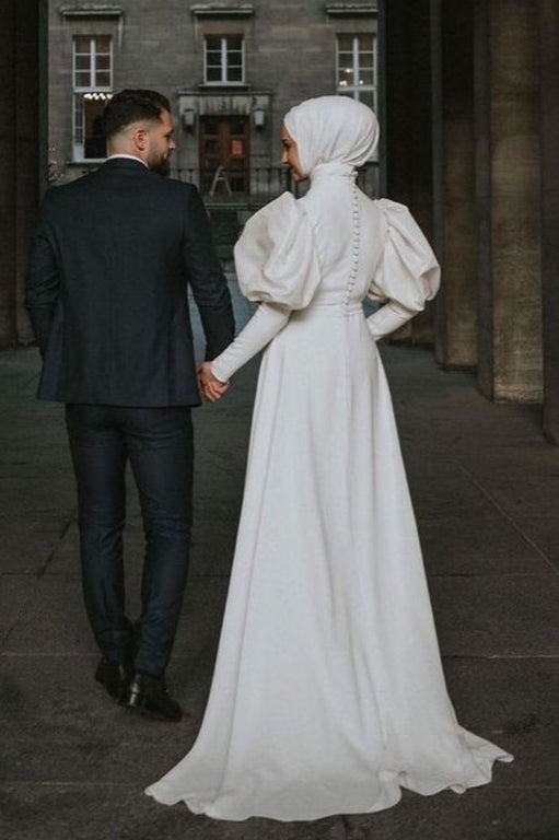 Puffy Sleeves Long Satin Muslim Wedding Dress With Train