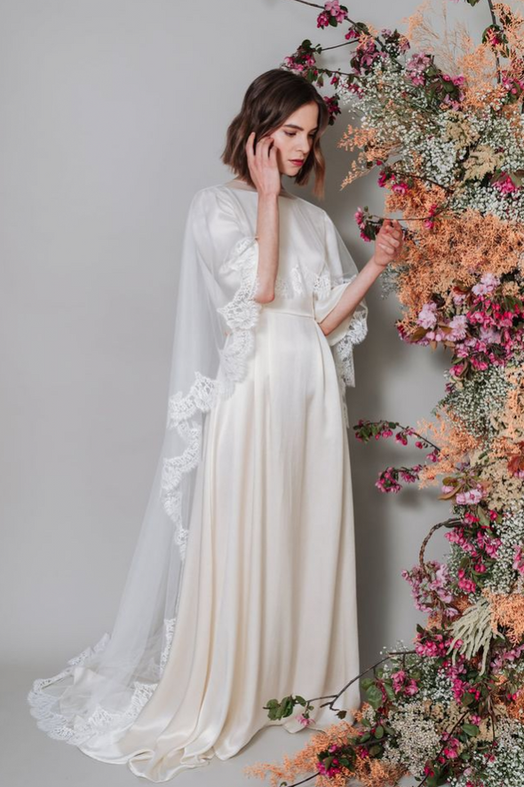 Simple Wedding Dress With Long Cape Lace edge 24311315