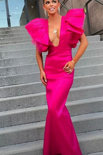 Fuchsia V Neck Mermaid Long Evening Dress