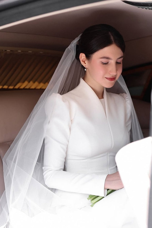 Stand Neck Long Sleeves Wedding Dress Modest Bridal Gown