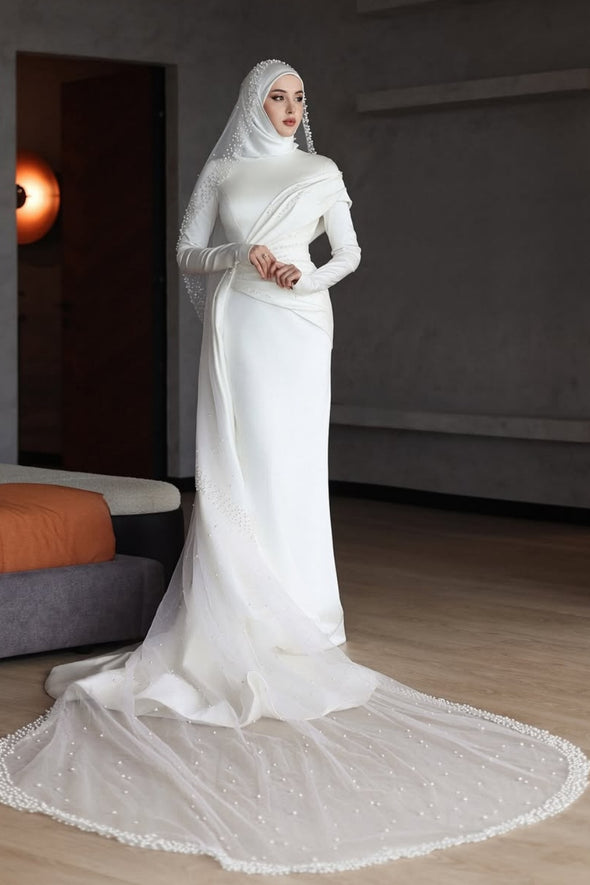 Elegant Long Hijab Wedding Dress With Beads