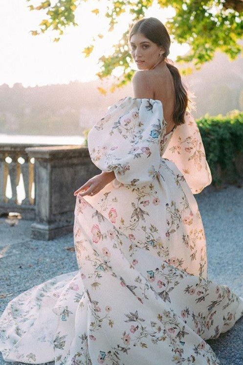 Floral Pattern Long Wedding Dress Off The Shoulder With Sleeves