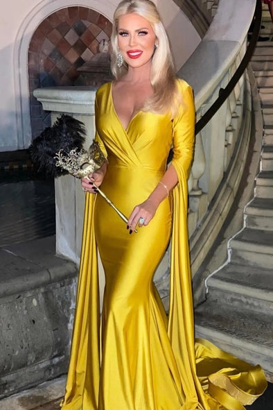 Yellow Mermaid Prom Dresses Long Sleeves Evening Gowns Deep V Neck
