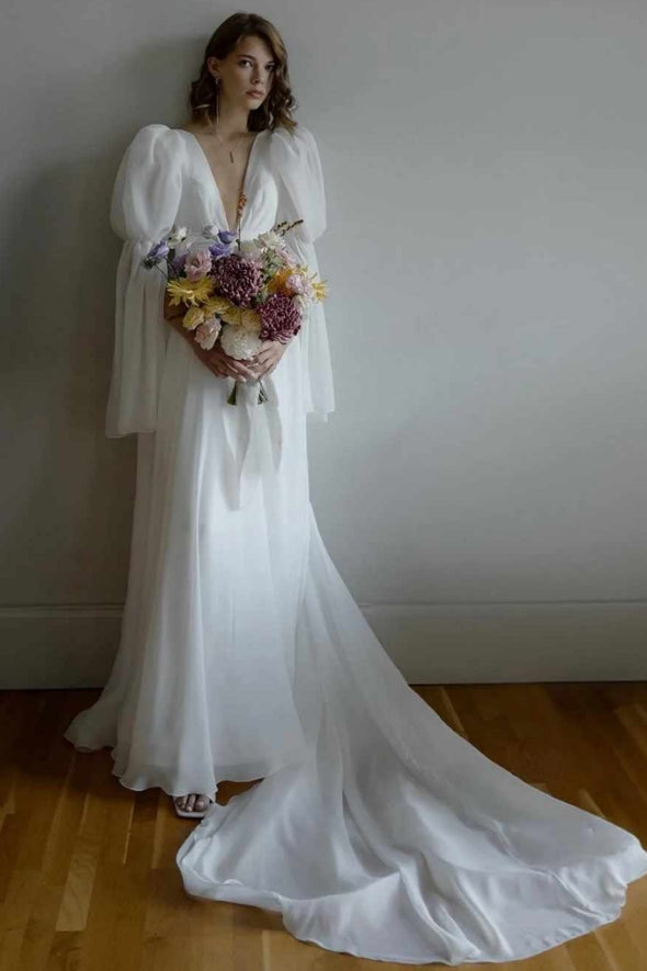 Deep V Neck Long Sleeves Cross Back Chiffon Wedding Dress