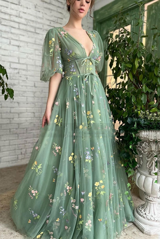 Embroidery A Line V Neck Long Tulle Prom Dress Short Sleeves TANYA BRIDAL Embroidery A Line V Neck Long Tulle Prom Dress Short Sleeves TANYA BRIDAL