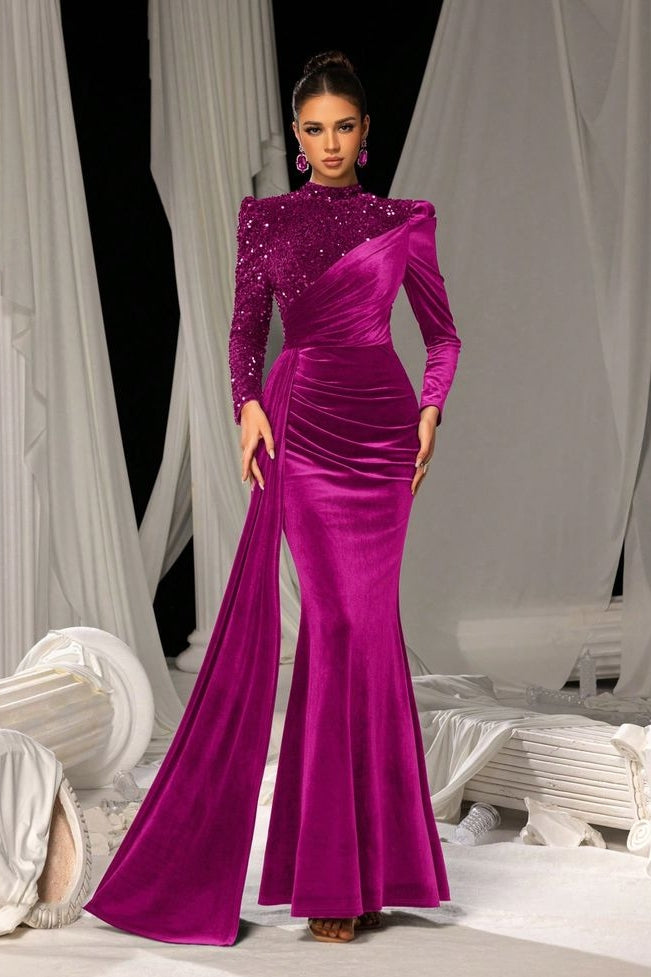 Fuchsia Sequins Long Sheath Evening Gown Velvet TANYA BRIDAL Fuchsia Sequins Long Sheath Evening Gown Velvet TANYA BRIDAL