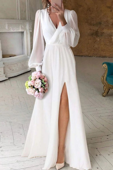 Bohemian Long Chiffon Wedding Dress V Back A Line