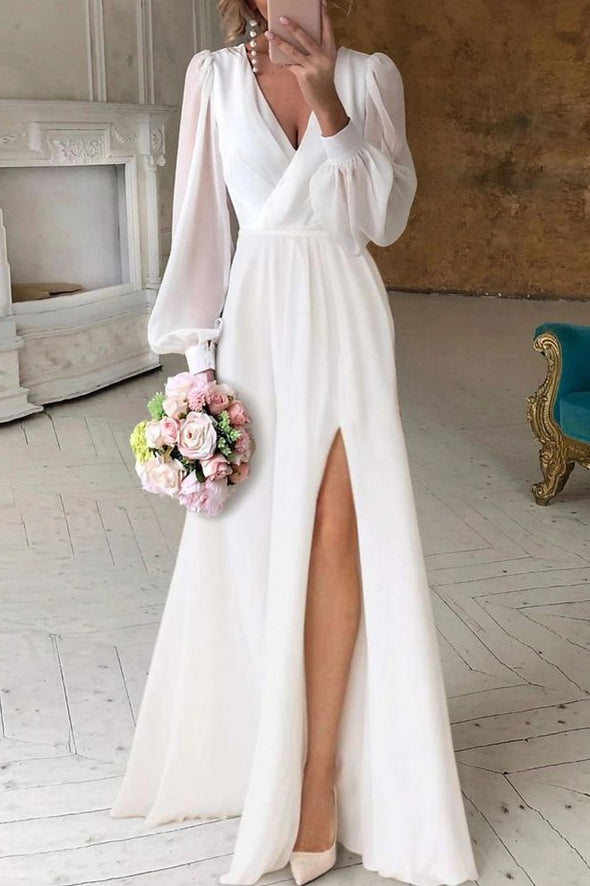 Bohemian Long Chiffon Wedding Dress V Back A Line