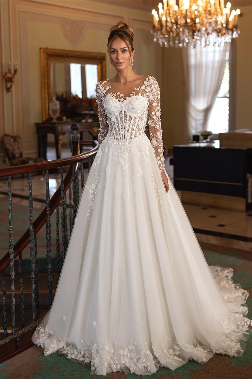 a line court train wedding dress 3D Floral Lace Tulle A-Line Wedding Dress with High Neck Long Sleeves COCOMELODY CW3234, 35 Days / Black / US18-UK20-EUR48